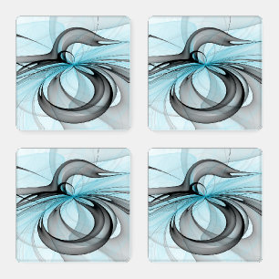 Abstract Anthracite Gray Blue Modern Fractal Art Coaster Set