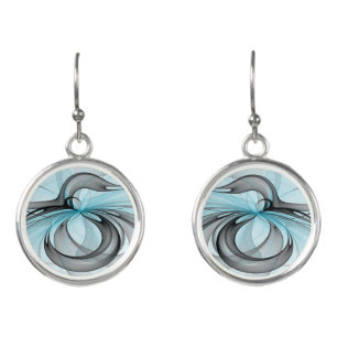 Abstract Anthracite Gray Blue Modern Fractal Art Earrings