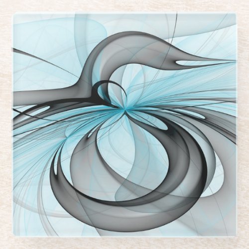 Abstract Anthracite Gray Blue Modern Fractal Art Glass Coaster