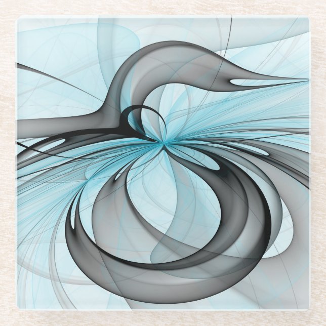 Abstract Anthracite Gray Blue Modern Fractal Art Glass Coaster (Front)