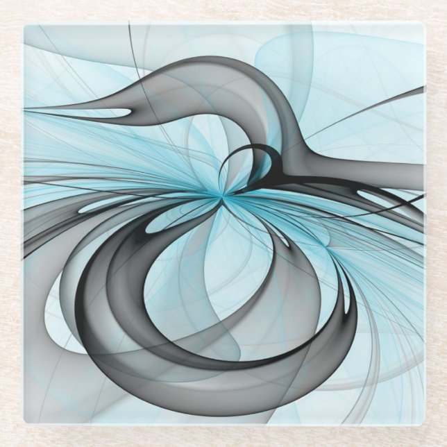 Abstract Anthracite Gray Blue Modern Fractal Art Glass Coaster (Front)