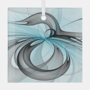 Abstract Anthracite Gray Blue Modern Fractal Art Glass Ornament