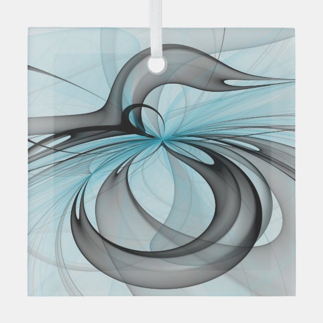 Abstract Anthracite Gray Blue Modern Fractal Art Glass Ornament (Front)