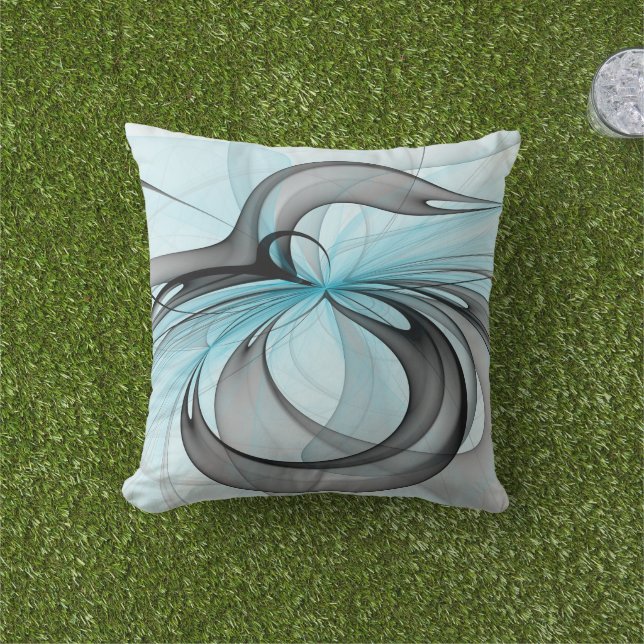 Abstract Anthracite Gray Blue Modern Fractal Art Outdoor Pillow (Grass)
