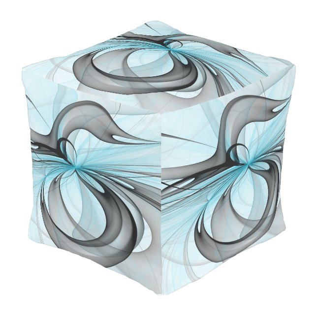 Abstract Anthracite Gray Blue Modern Fractal Art Outdoor Pouf (Angled Front)