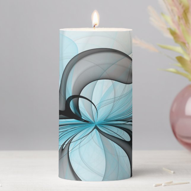 Abstract Anthracite Gray Blue Modern Fractal Art Pillar Candle (In Situ)