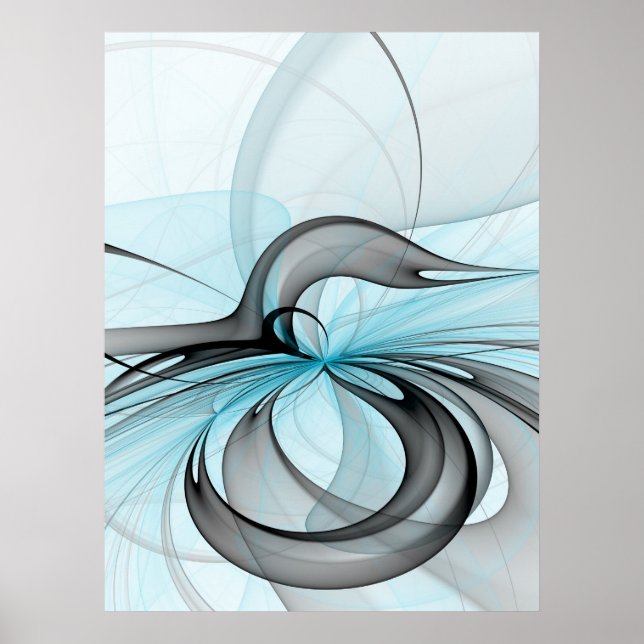 Abstract Anthracite Gray Blue Modern Fractal Art Poster (Front)