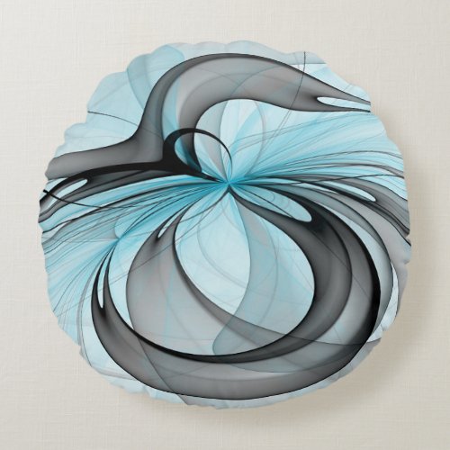 Abstract Anthracite Gray Blue Modern Fractal Art Round Pillow