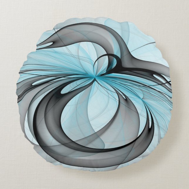 Abstract Anthracite Gray Blue Modern Fractal Art Round Pillow (Front)