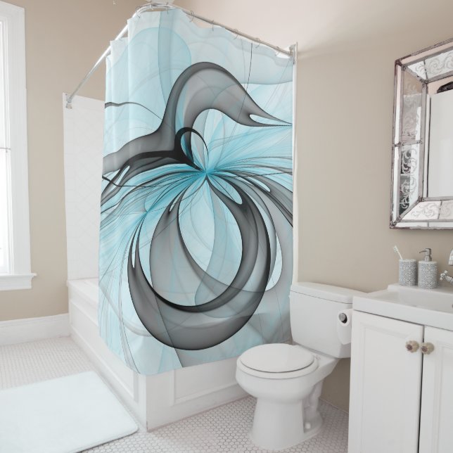 Abstract Anthracite Gray Blue Modern Fractal Art Shower Curtain (In Situ)