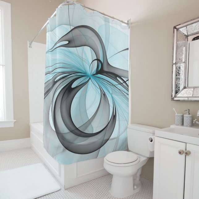 Abstract Anthracite Gray Blue Modern Fractal Art Shower Curtain (In Situ)
