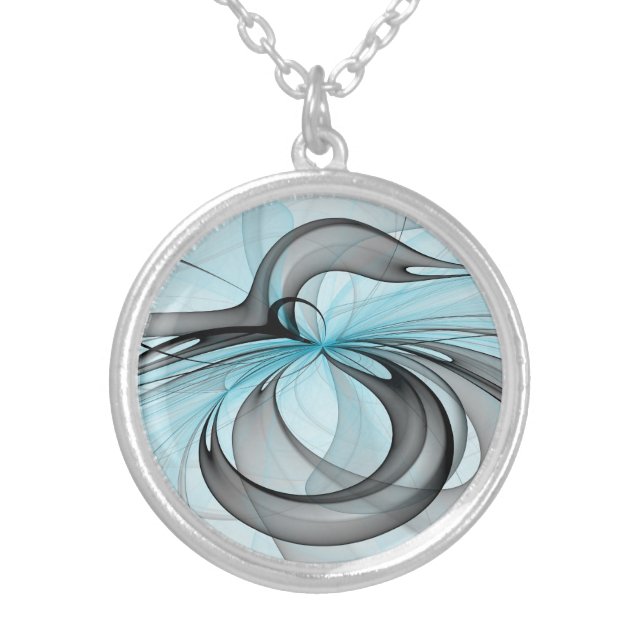 Abstract Anthracite Gray Blue Modern Fractal Art Silver Plated Necklace (Front)