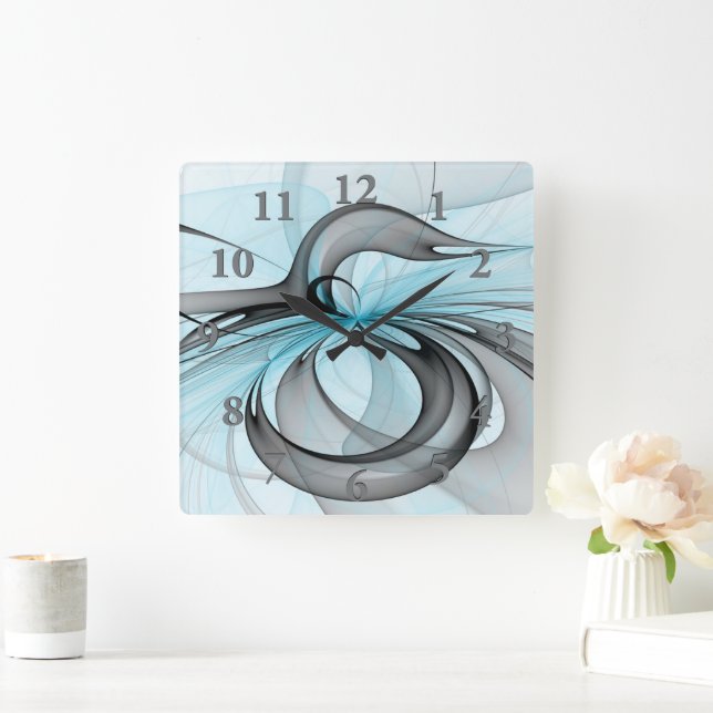 Abstract Anthracite Gray Blue Modern Fractal Art Square Wall Clock (Home)