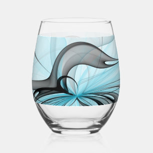 Abstract Anthracite Gray Blue Modern Fractal Art Stemless Wine Glass