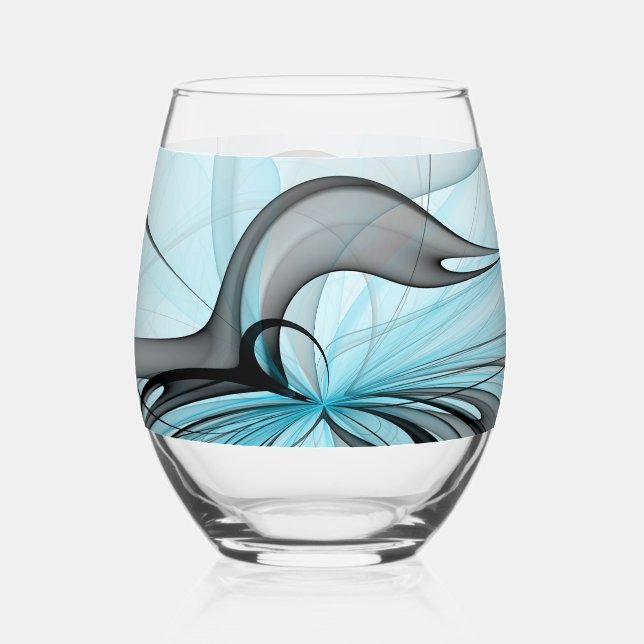 Abstract Anthracite Gray Blue Modern Fractal Art Stemless Wine Glass (Front)