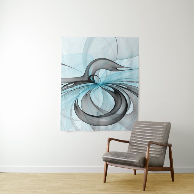 Abstract Anthracite Gray Blue Modern Fractal Art Tapestry (In Situ)