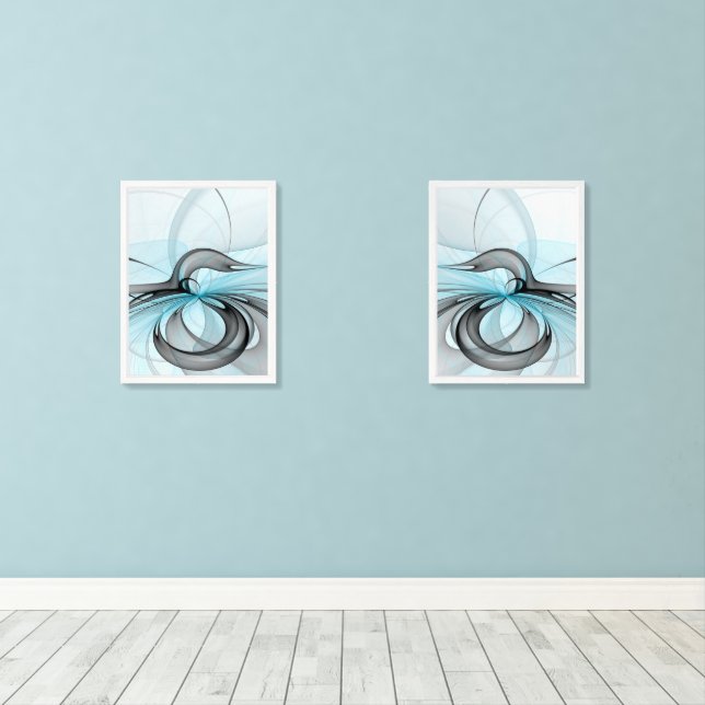 Abstract Anthracite Gray Blue Modern Fractal Art Wall Art Sets (Wood Floor)