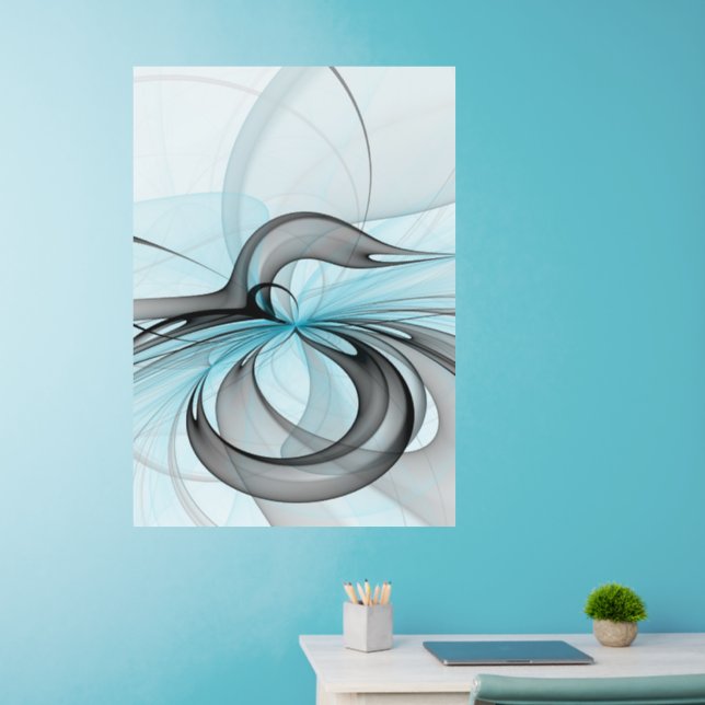 Abstract Anthracite Gray Blue Modern Fractal Art Wall Decal (Home Office)