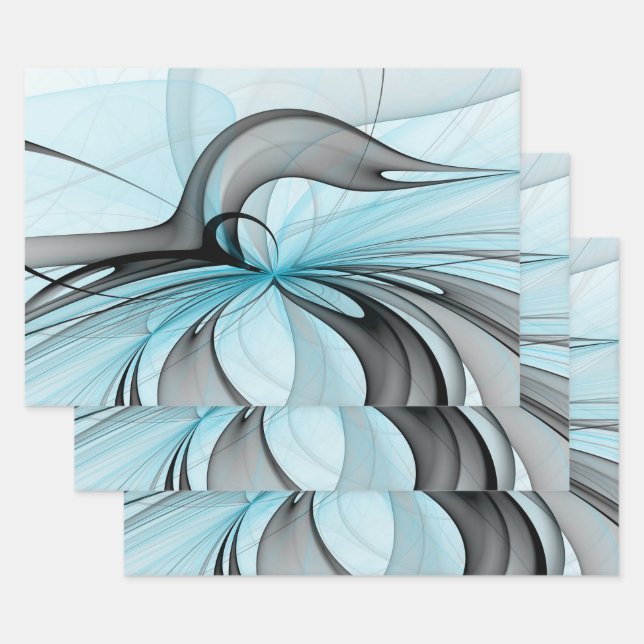 Abstract Anthracite Gray Blue Modern Fractal Art Wrapping Paper Sheets (Set)
