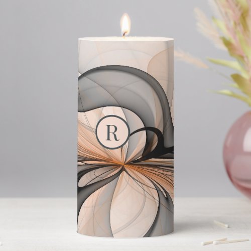 Abstract Anthracite Gray Sienna Fractal Monogram Pillar Candle