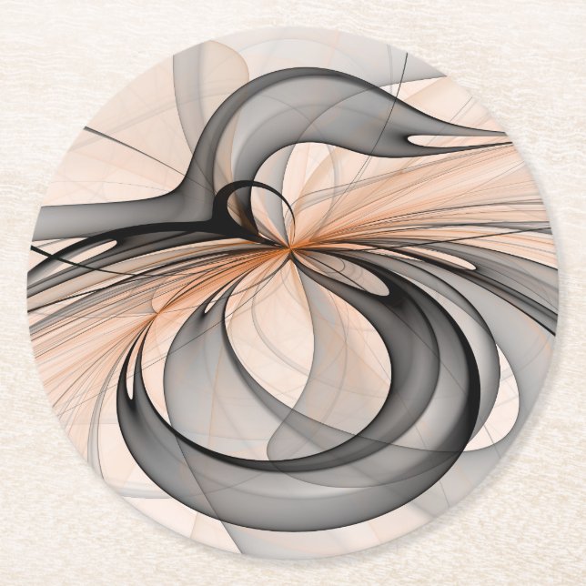 Abstract Anthracite Gray Sienna Modern Fractal Art Round Paper Coaster (Front)