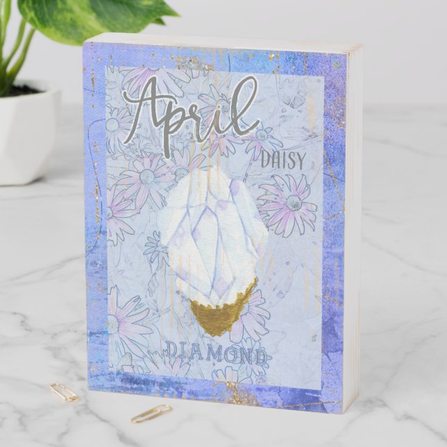 Abstract April Diamond Birthday Daisy Wooden Box Sign (In Situ Vertical)