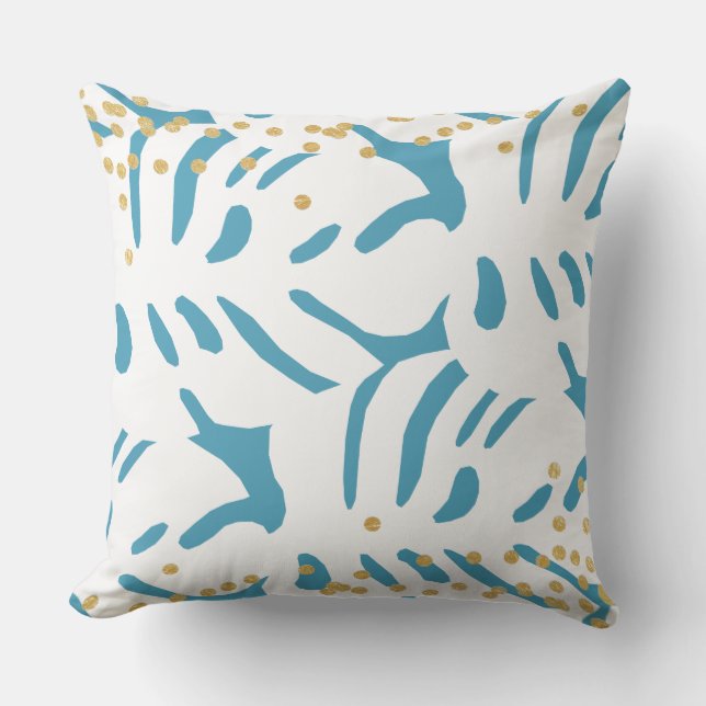 Abstract Aqua Blue and White Leaves with Faux Gold Outdoor Pillow (Front)