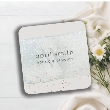 Abstract Aqua Blue Brush Stoke Monogram Glitter Square Business Card by DearBrand at Zazzle