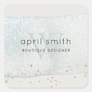 Abstract Aqua Blue Brush Stoke Monogram Glitter Square Sticker