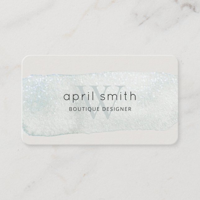 Abstract Aqua Blue Brush Stoke Monogram Shiny Business Card (Front)