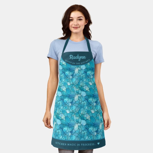 Abstract aqua blue pattern pretty personalized  apron (Worn)