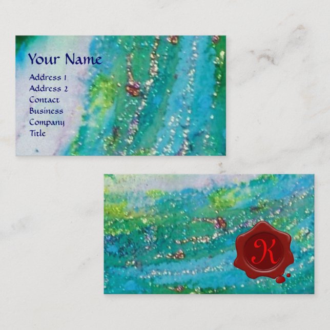 ABSTRACT AQUA BLUE TEAL GOLD SPARKLES,RED WAX SEAL BUSINESS CARD (Front/Back)
