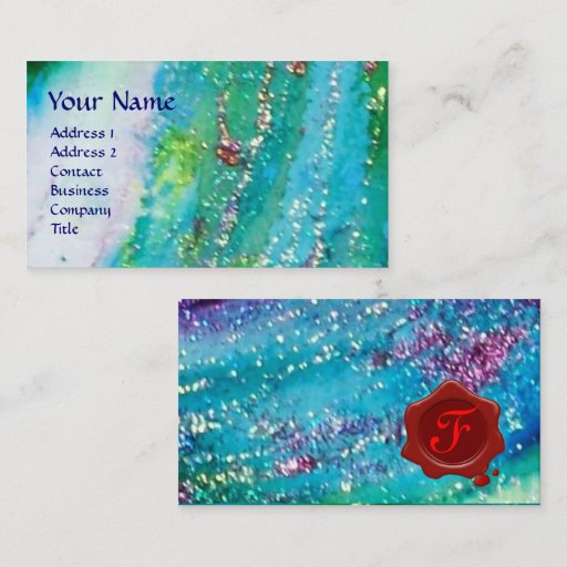 Customizable ABSTRACT AQUA BLUE TEAL GOLD SPARKLES,RED WAX SEAL BUSINESS CARD