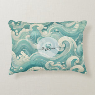 Abstract Aqua Blue & White Wave – Modern Fluid Art Accent Pillow