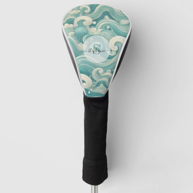 Abstract Aqua Blue & White Wave – Modern Fluid Art Golf Head Cover (Front)