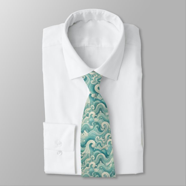 Abstract Aqua Blue & White Wave – Modern Fluid Art Neck Tie (Tied)