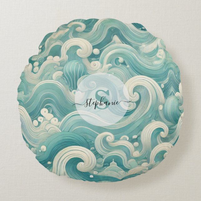 Abstract Aqua Blue & White Wave – Modern Fluid Art Round Pillow (Front)