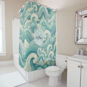 Abstract Aqua Blue & White Wave – Modern Fluid Art Shower Curtain