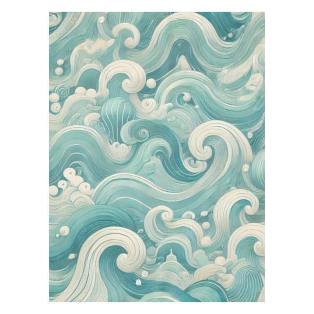Abstract Aqua Blue & White Wave – Modern Fluid Art Tablecloth (Front)