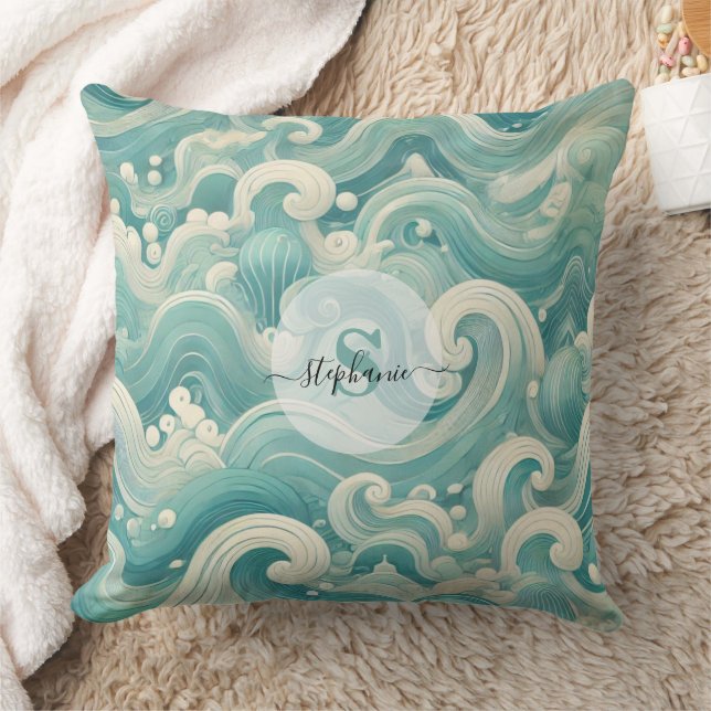 Abstract Aqua Blue & White Wave – Modern Fluid Art Throw Pillow (Blanket)