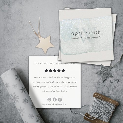 Abstract Aqua Brush Stoke Monogram Review Request Square Business Card