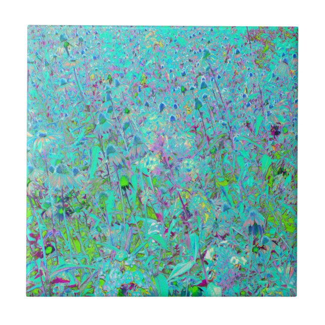 Abstract Aqua Green and Purple Coneflower Garden Ceramic Tile (Front)