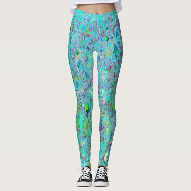 Abstract Aqua Green and Purple Coneflower Garden Leggings (Front)