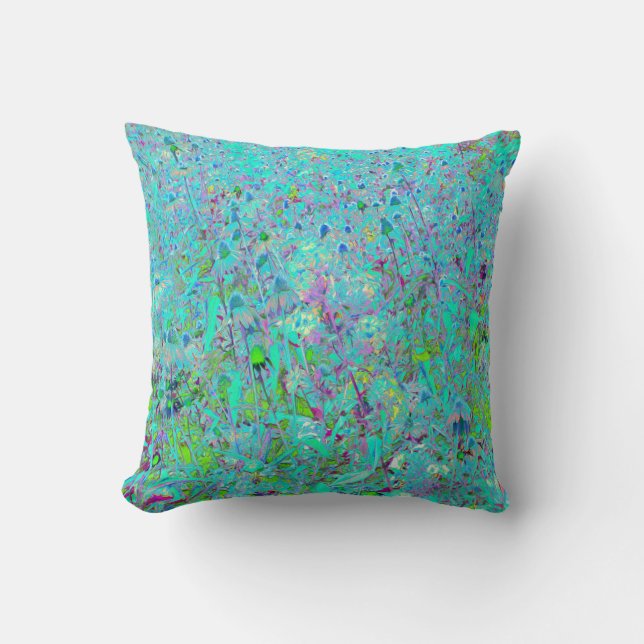 Abstract Aqua Green and Purple Coneflower Garden Throw Pillow (Front)