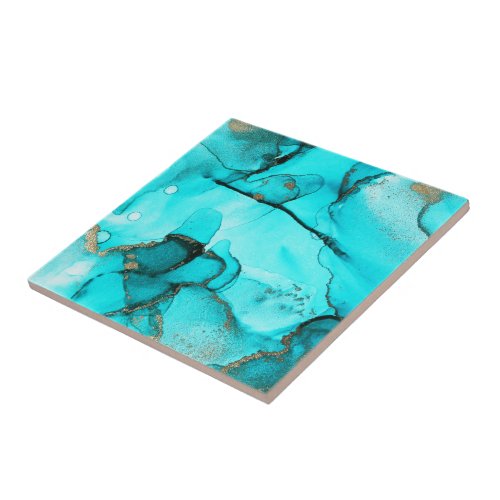 Abstract Aqua Green Organic Turquoise Gold Ceramic Tile