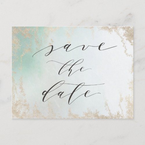 Abstract Aqua Ombre Fade with Frosted Gold Glitter Announcement Postcard