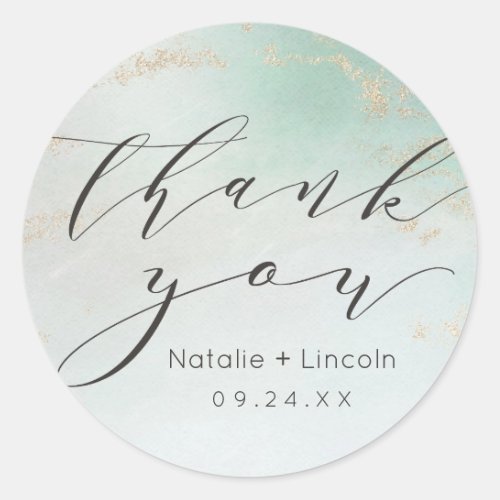 Abstract Aqua Ombre Fade with Frosted Gold Glitter Classic Round Sticker