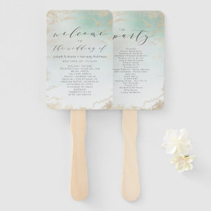 Abstract Aqua Ombre Fade with Frosted Gold Glitter Hand Fan