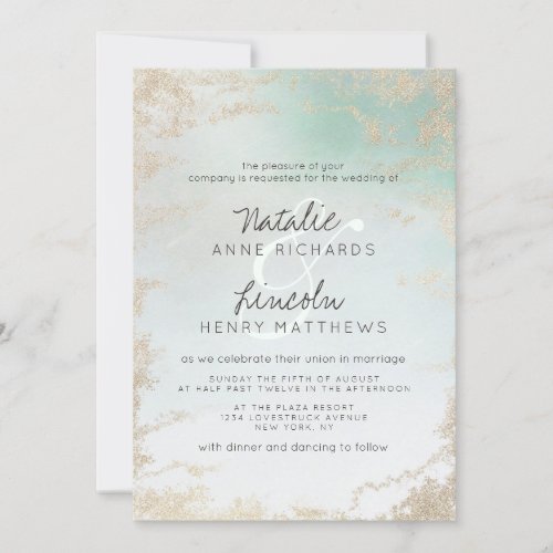 Abstract Aqua Ombre Fade with Frosted Gold Glitter Invitation