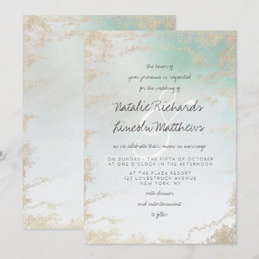 Abstract Aqua Ombre Fade with Frosted Gold Glitter Invitation | Zazzle